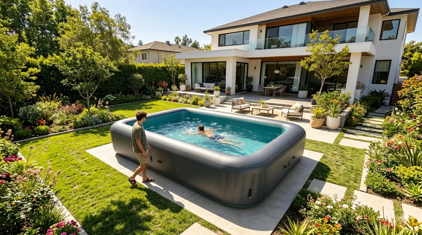Rectangular rigid inflatable pool installed in a backyard