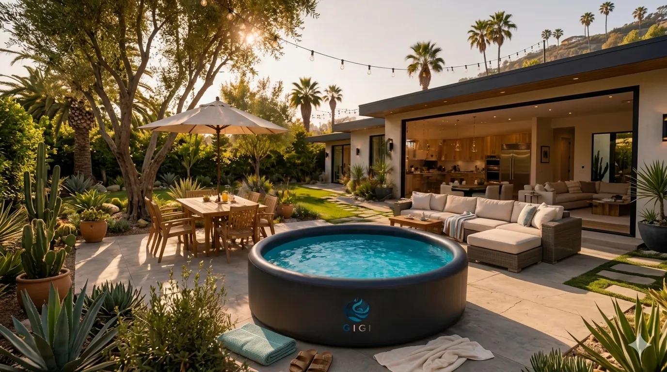 Round rigid inflatable pool set up in a backyard